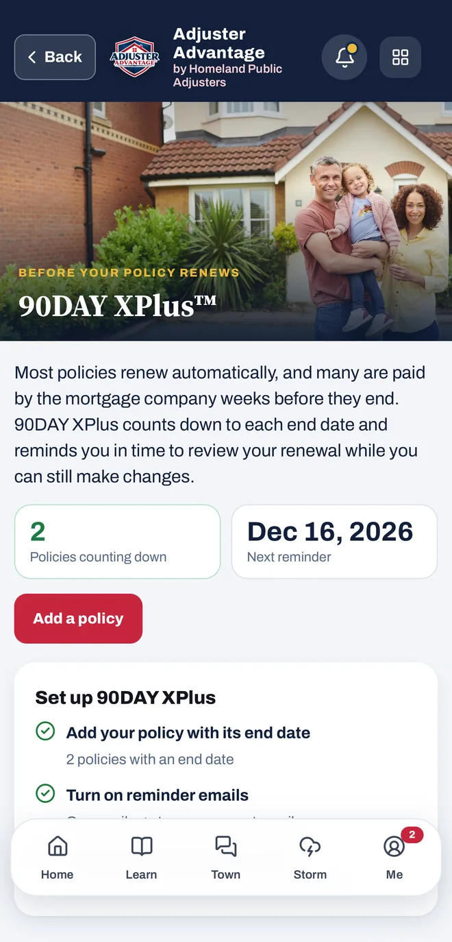 90DAY XPlus in the app: a countdown to each policy end date with reminder emails