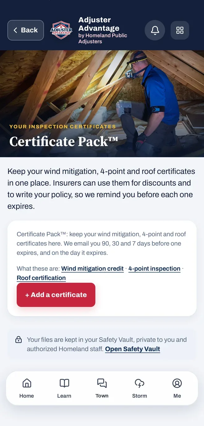 Certificate Pack in the app: wind mitigation, 4-point and roof certificates with expiration reminders