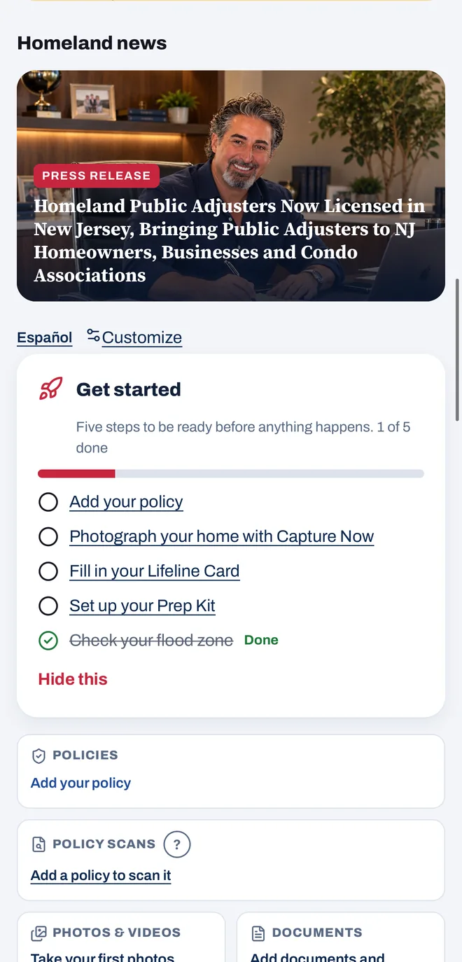 The app's home screen showing the next steps to get ready, starting with adding your policy