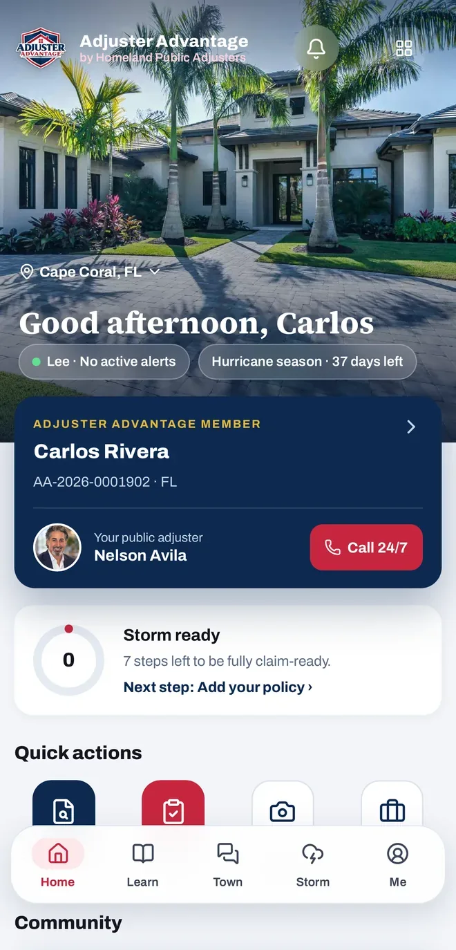 The Adjuster Advantage app home screen: member card, assigned Homeland public adjuster with a Call 24/7 button, and a Storm ready score