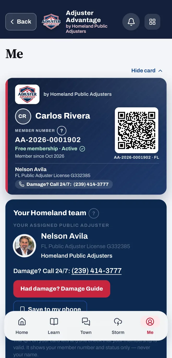 The member card in the app with a member number, QR code and the assigned Homeland public adjuster