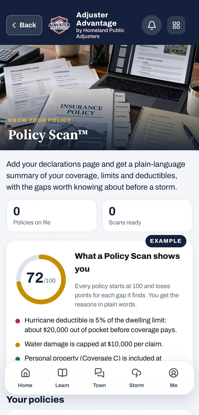 Policy Scan in the app: a sample policy scored 72 out of 100 with the gaps explained