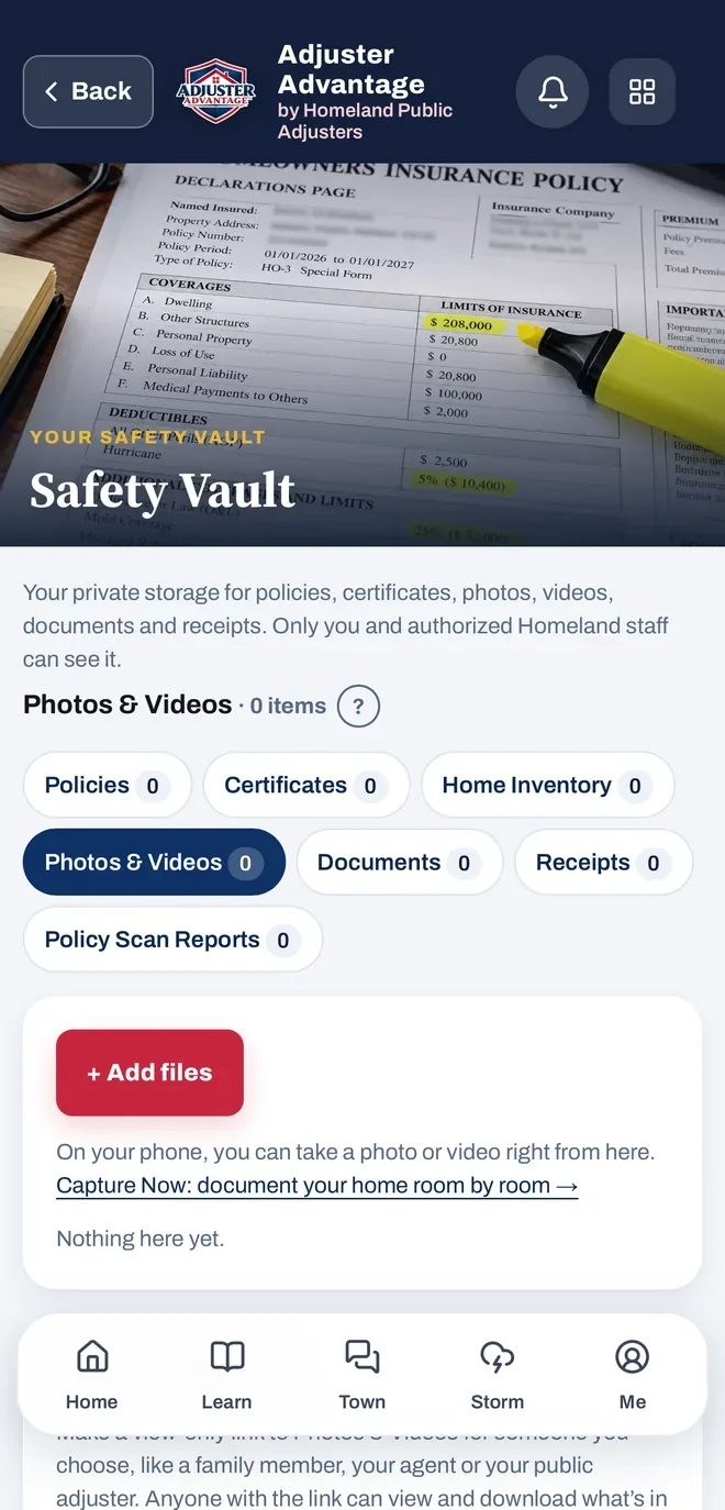 Safety Vault in the app: private storage for policies, certificates, photos, videos, documents and receipts
