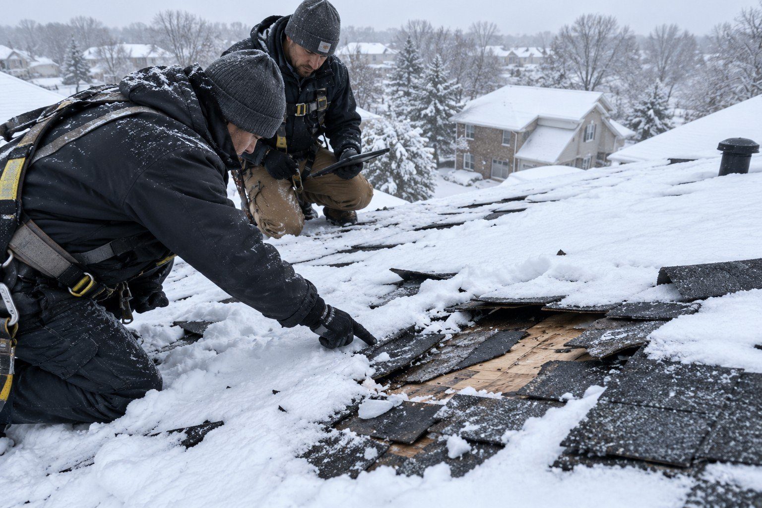 Adjusters inspecting storm damage on a snow-covered roof