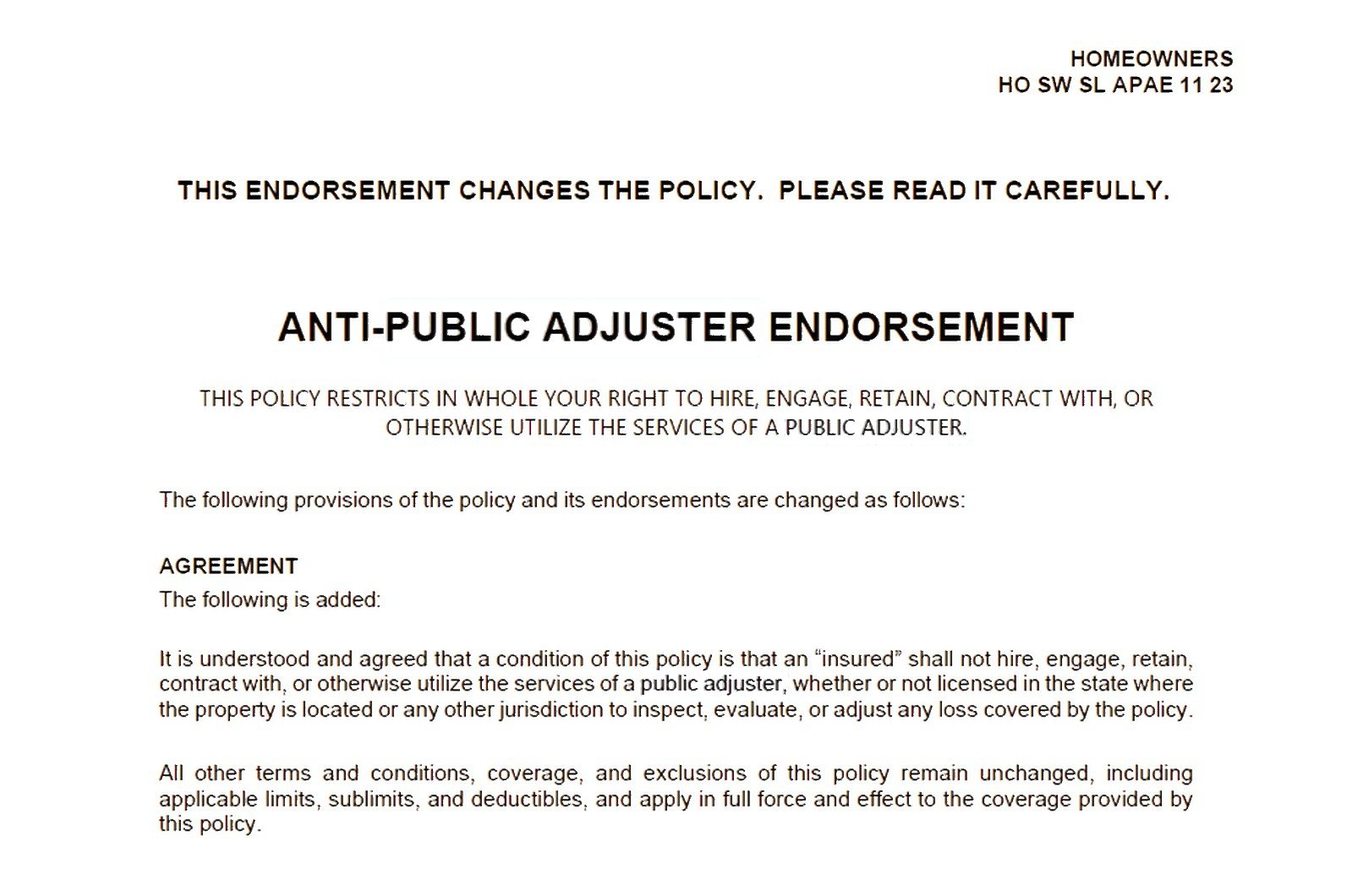 An “Anti-Public Adjuster Endorsement” (form HO SW SL APAE 11 23) from a 2026 Florida surplus lines homeowners policy