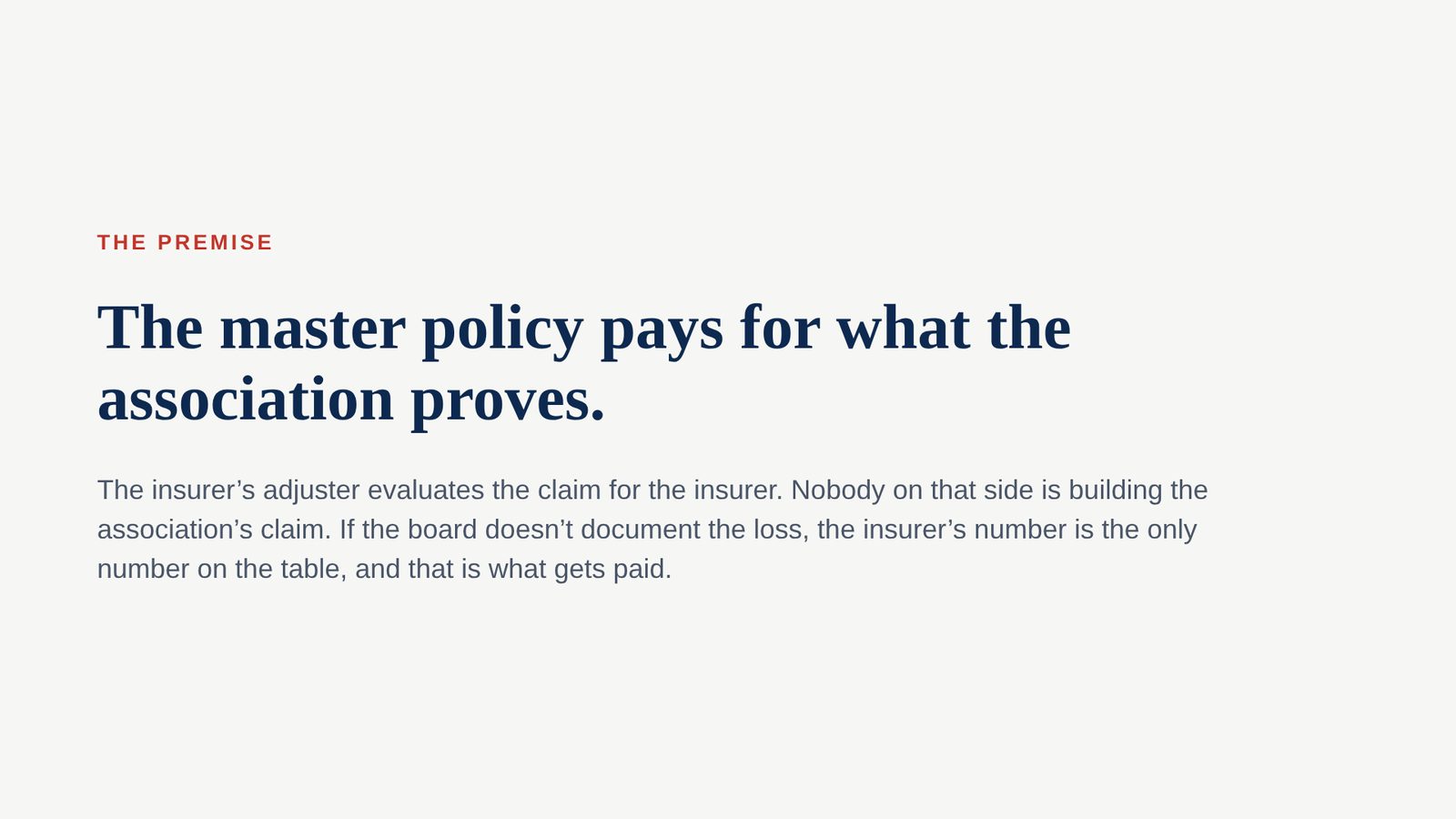 Slide 2 of the Board Education Session: The master policy pays for what the association proves