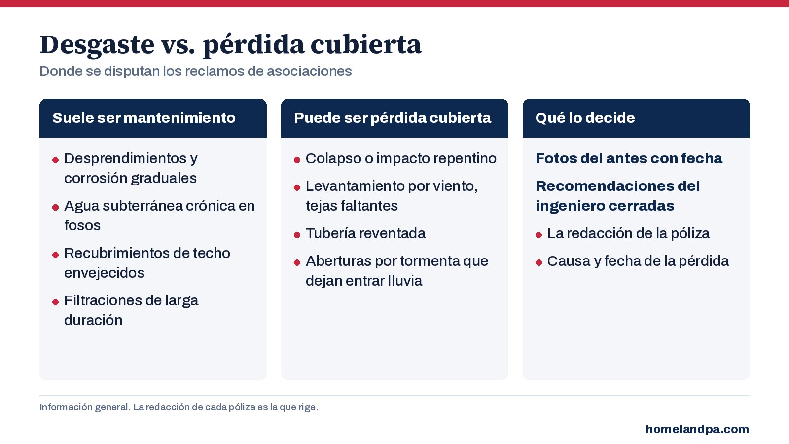 Gráfico que compara el desgaste por mantenimiento con el daño repentino cubierto en componentes comunes de los edificios de asociaciones