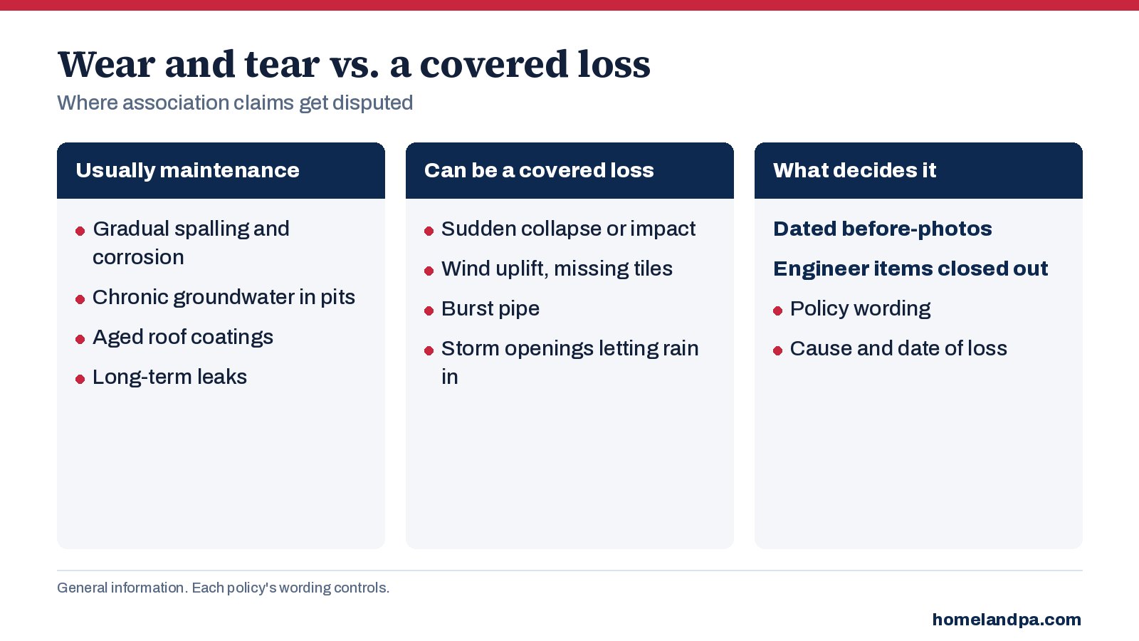 Chart comparing maintenance wear and tear with sudden covered damage for common association building components