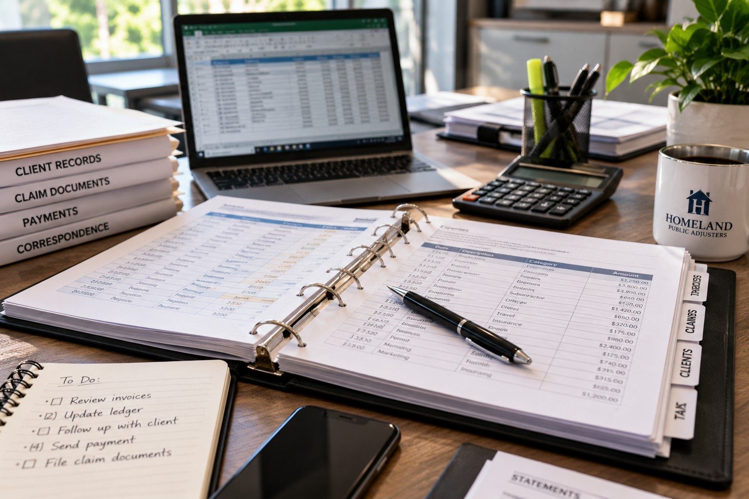 Business records, ledger and claim document binders on a desk