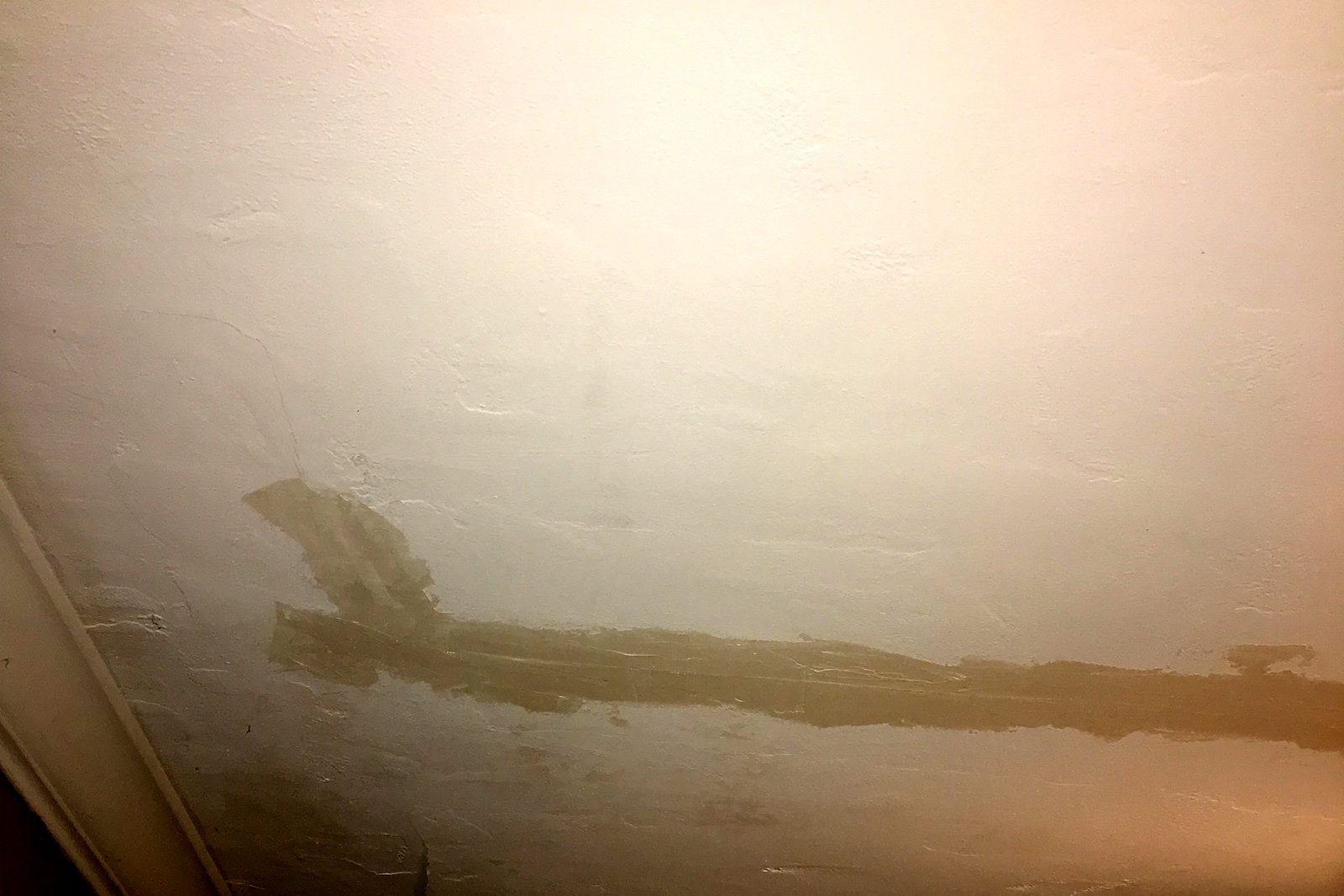 Water stain running along a crack in a ceiling from an active leak