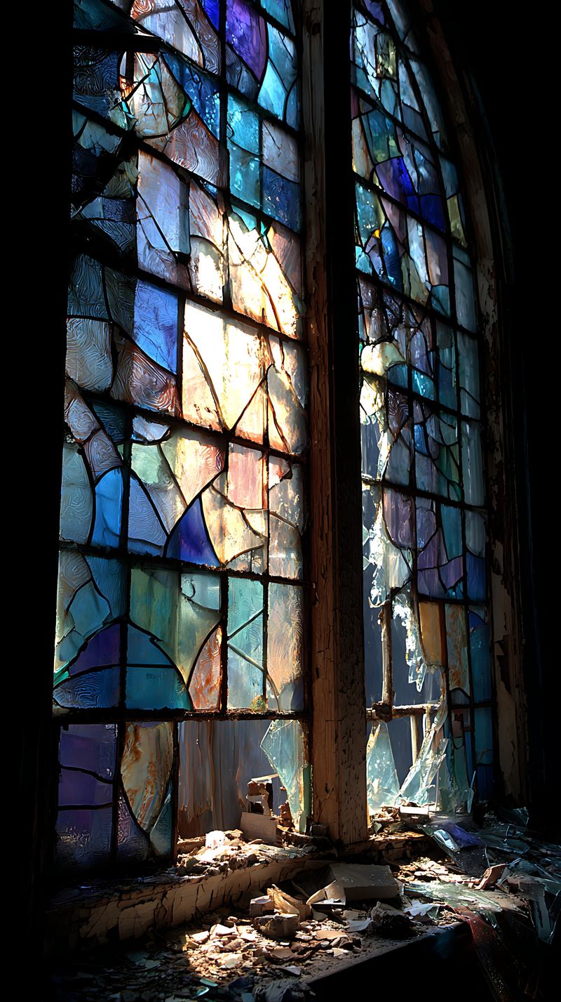 Cracked and broken stained-glass sanctuary window with debris on the sill