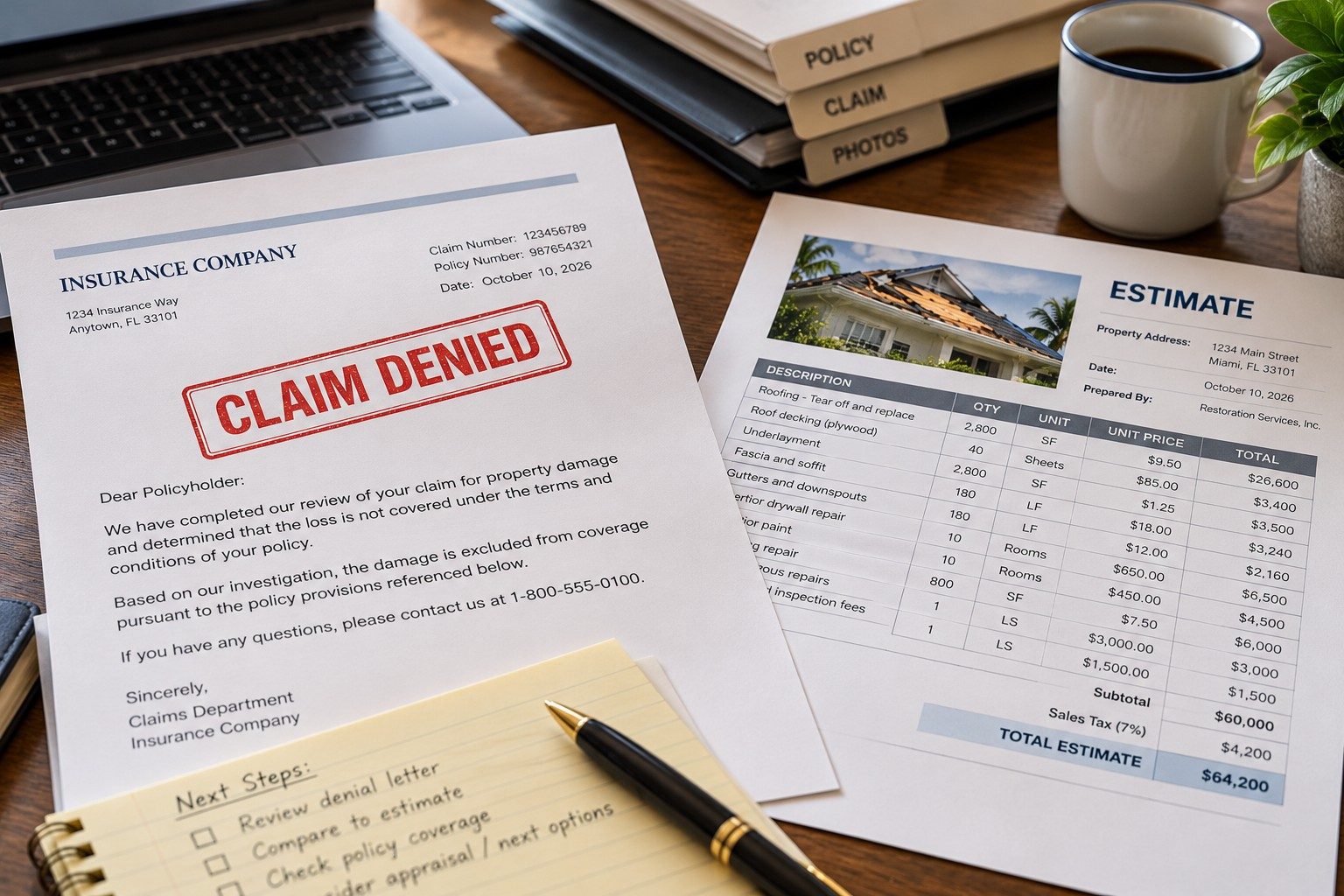 Insurance claim denial letter stamped CLAIM DENIED next to the insurer's estimate on a desk