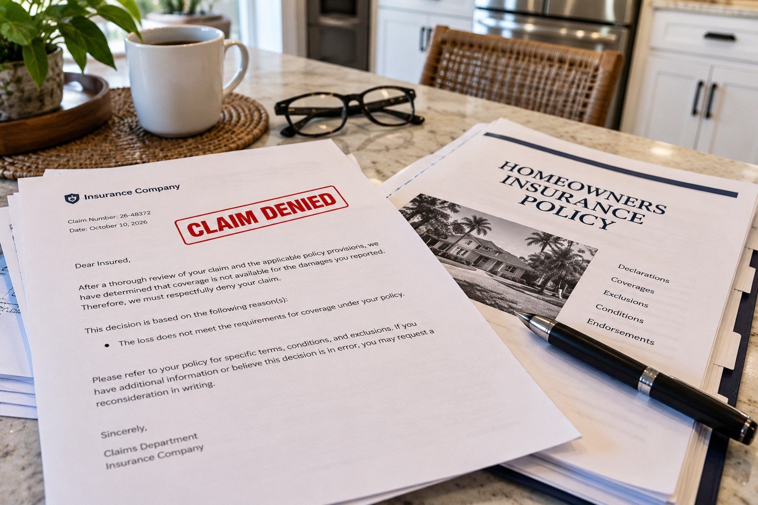 Insurance claim denial letter and a homeowners policy on a desk