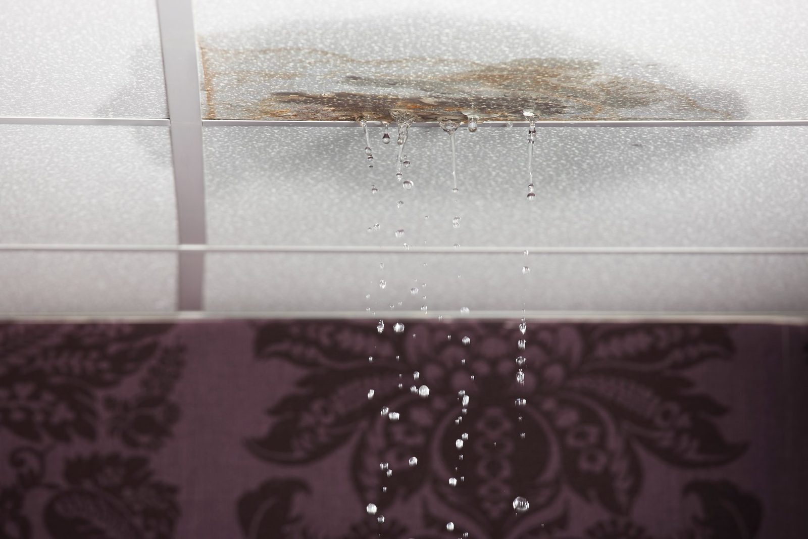 Agua goteando a través de un panel del techo interior sobre una pared con diseño