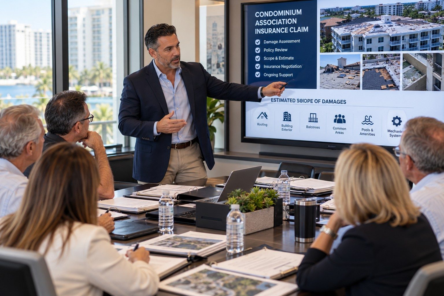 Public adjuster presenting a condominium association insurance claim to a board in a conference room