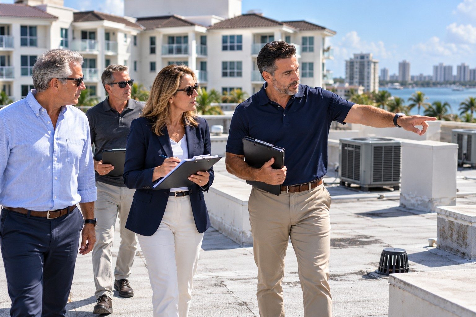 Condo board members and a public adjuster inspecting a rooftop at a waterfront building