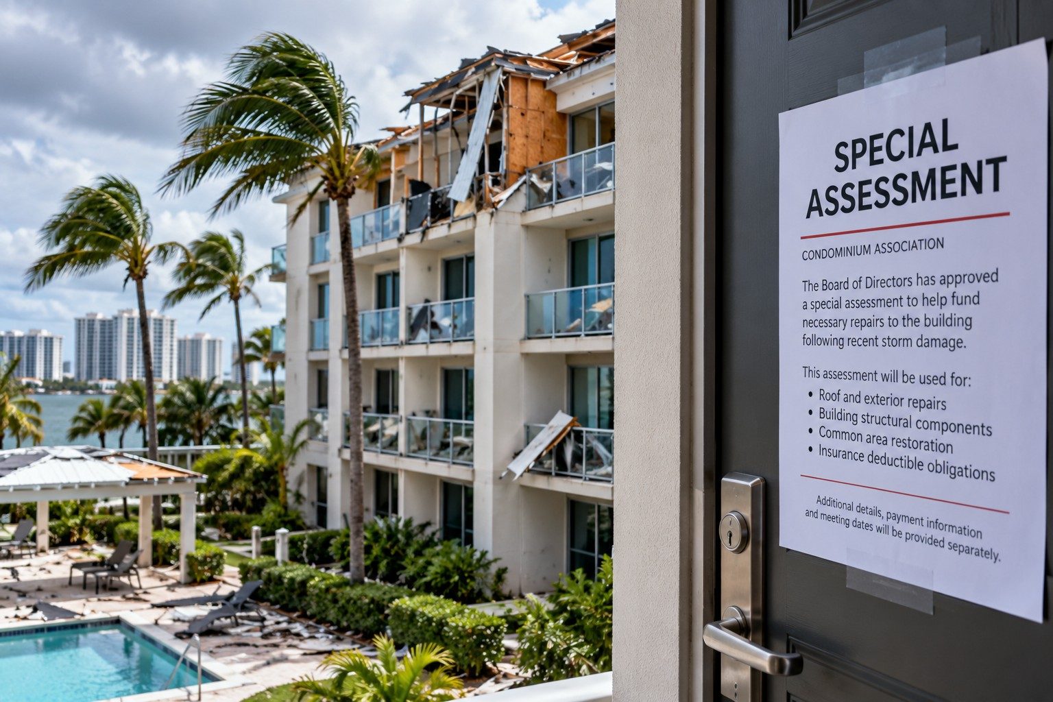 Special assessment notice posted on a door at a storm-damaged condominium building