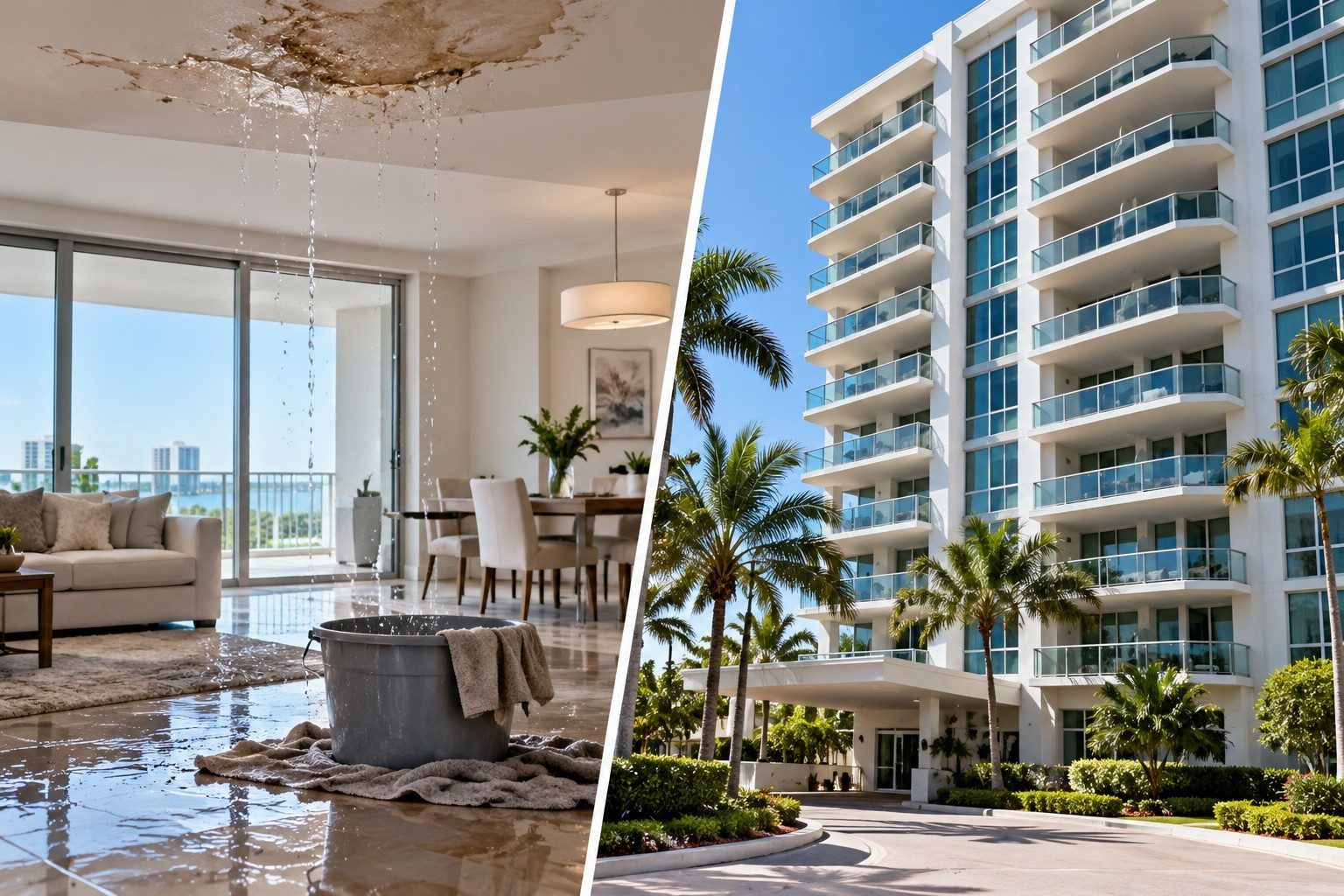 Side-by-side view of a water-damaged condo unit interior and the condominium building exterior