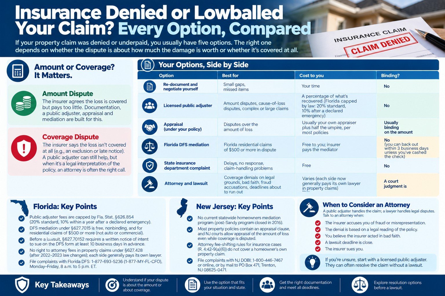 Infographic comparing every option for a denied or lowballed property claim in Florida and New Jersey: public adjuster, appraisal, DFS mediation, state complaint and attorney