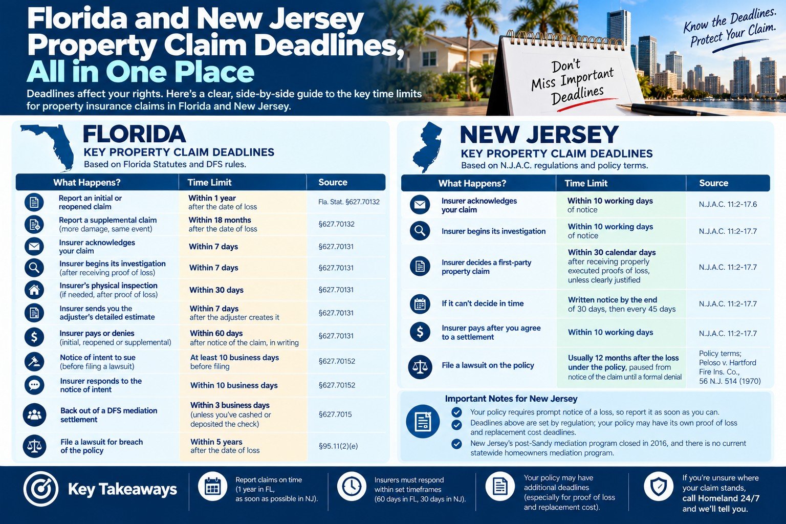 Infographic listing Florida and New Jersey property insurance claim deadlines side by side, with the statute or regulation for each