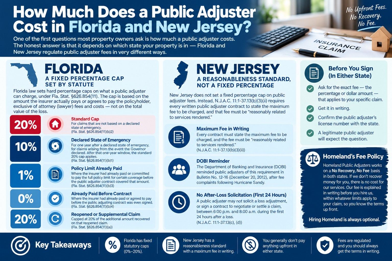 Infographic comparing Florida’s fixed public adjuster fee caps under Fla. Stat. §626.854(11) with New Jersey’s reasonableness standard under N.J.A.C. 11:1-37.13