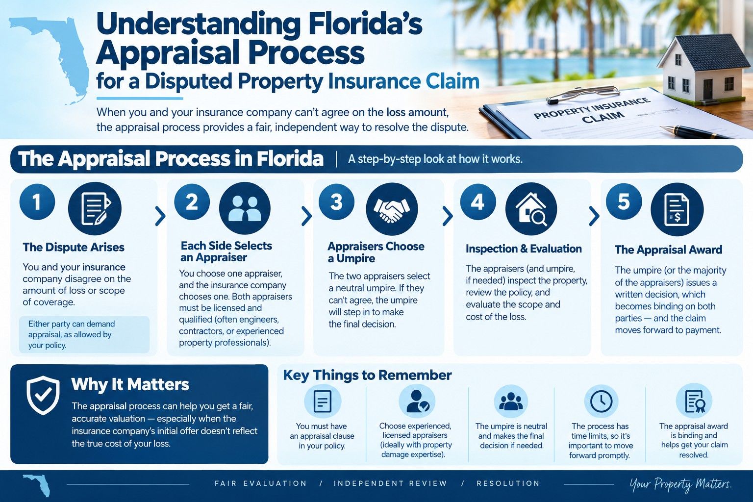 Infographic showing the five steps of Florida’s property insurance appraisal process, from dispute to binding appraisal award