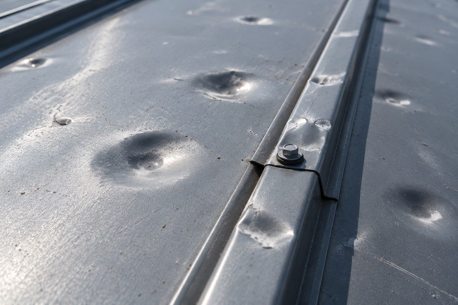 Hail dents on a standing-seam metal roof panel next to a seam and fastener