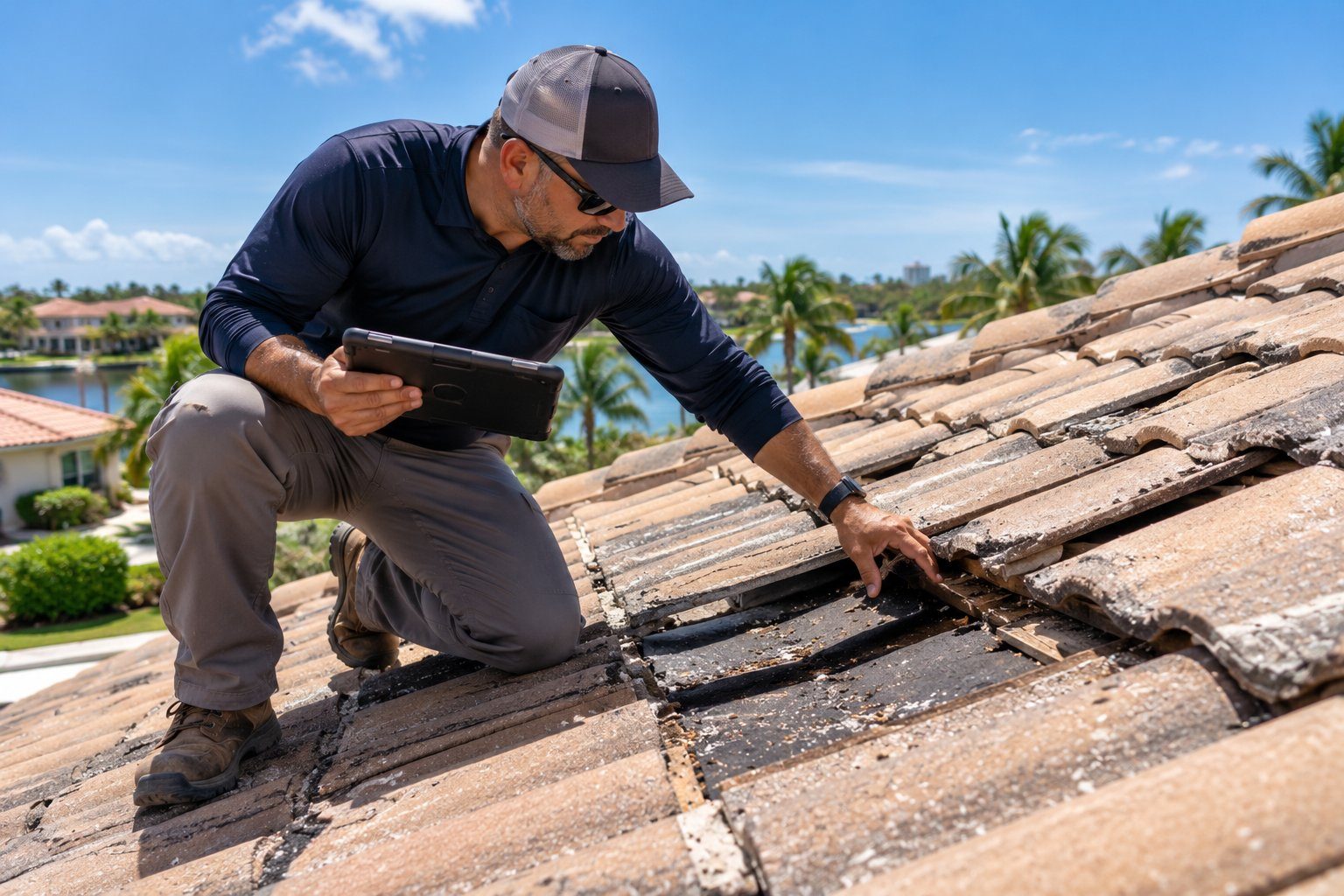 Homeland public adjuster kneeling on a tile roof and lifting a cracked tile to inspect it