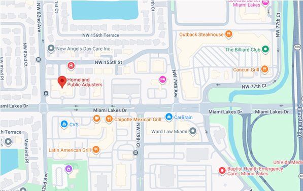 Map showing the Homeland Public Adjusters office location in Miami Lakes, Florida