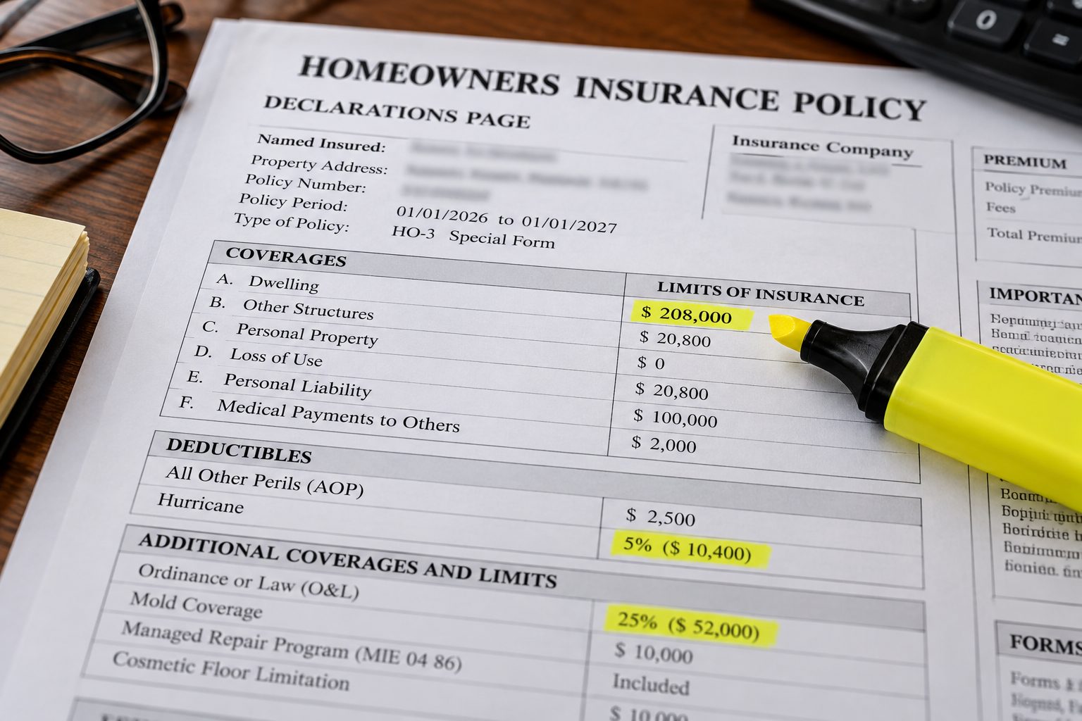 Homeowners insurance declarations page on a desk with a yellow highlighter