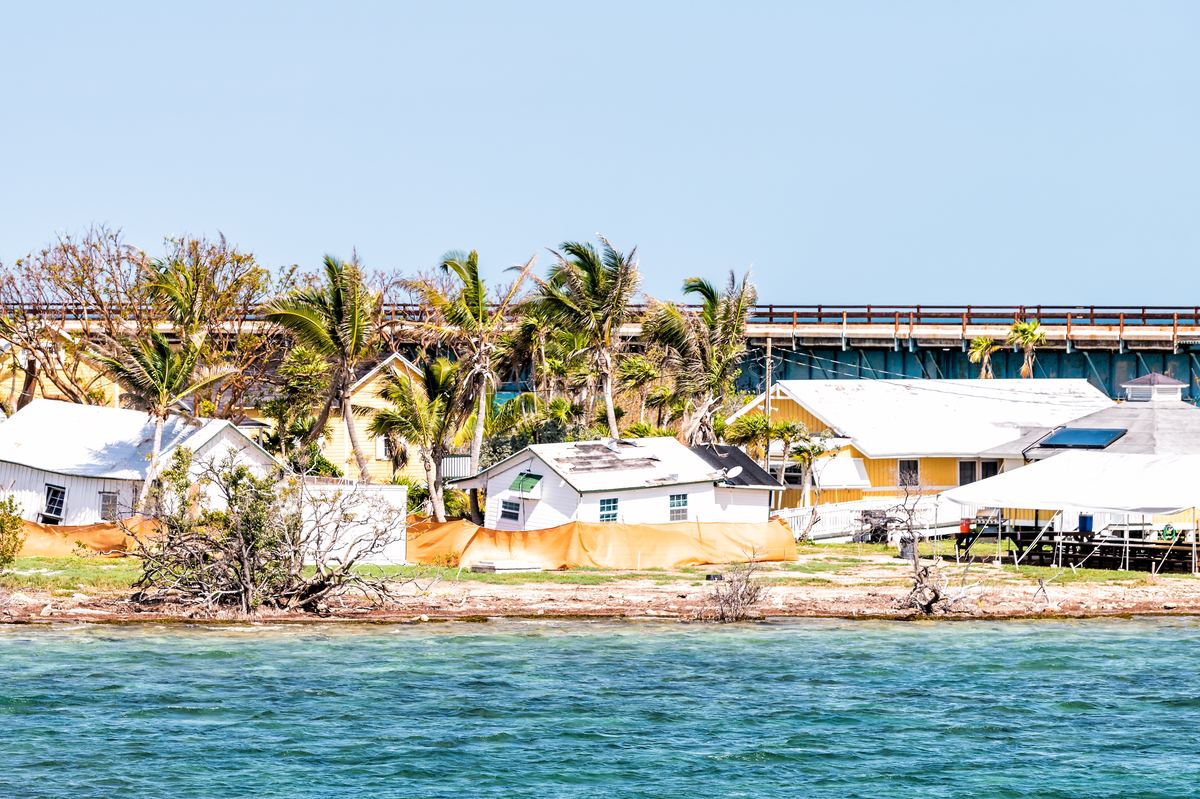 Aerial view of hurricane damage to waterfront homes in the Florida Keys