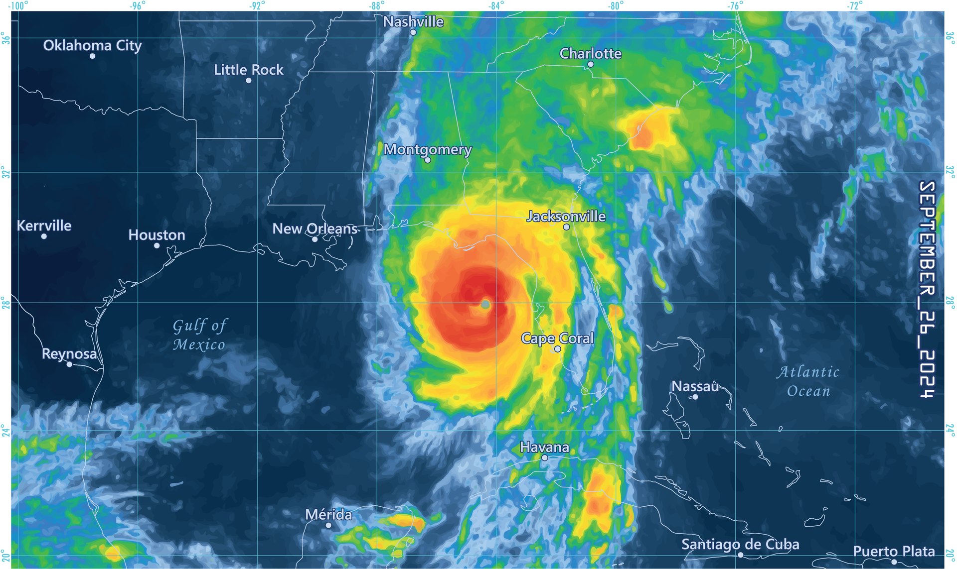 Satellite precipitation map of Hurricane Helene over the Gulf of Mexico approaching Florida’s Big Bend on September 26, 2024