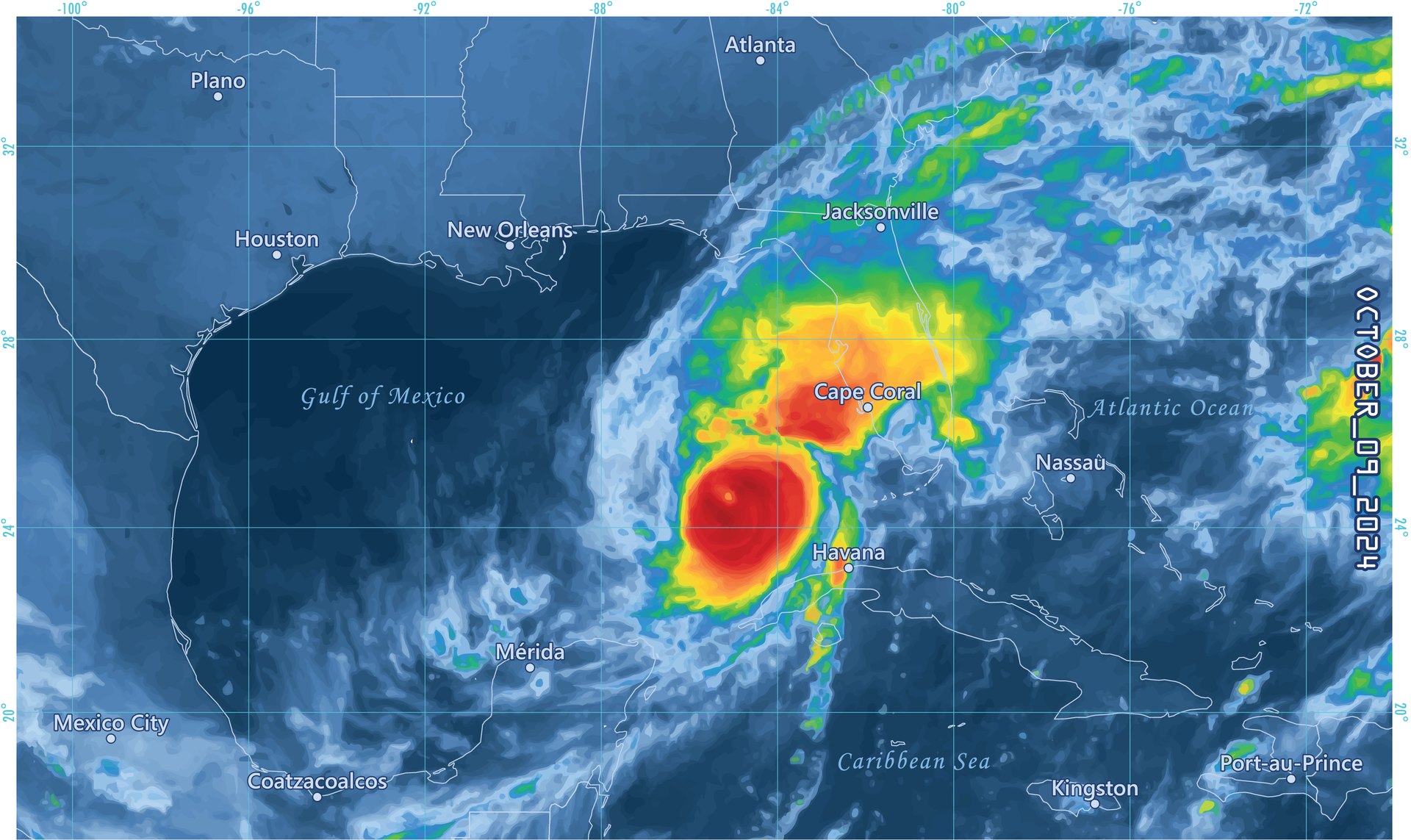 Mapa satelital de precipitación del huracán Milton sobre el golfo de México acercándose a Florida el 9 de octubre de 2024