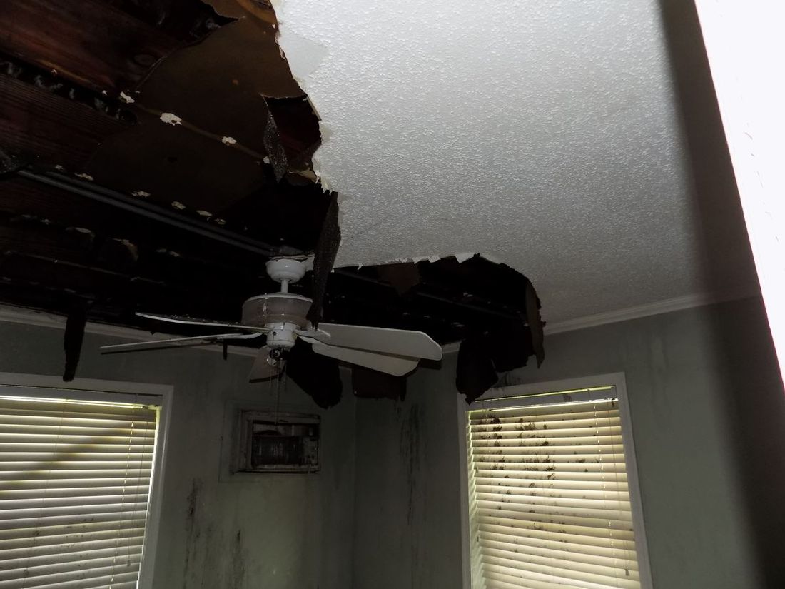 Ceiling collapsed under a hurricane-damaged roof — the kind of claim Homeland handles for Panama City, FL property owners