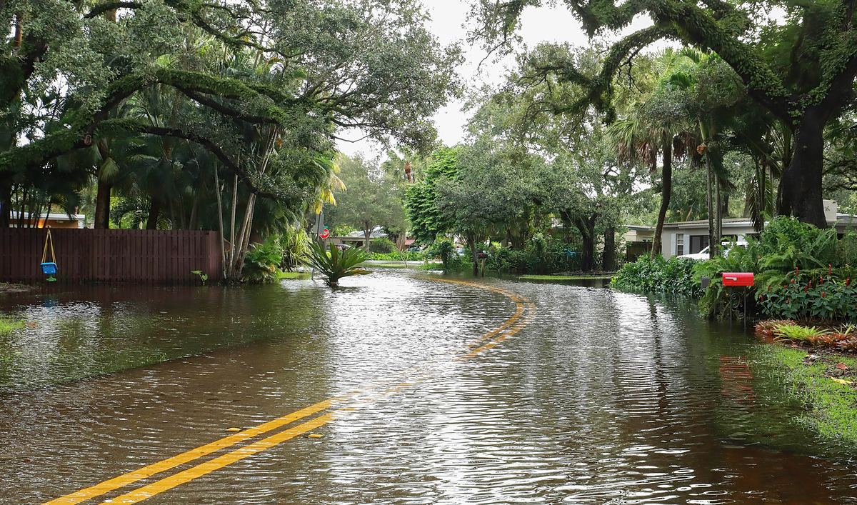 Flooded residential street after a tropical storm in Plantation, FL