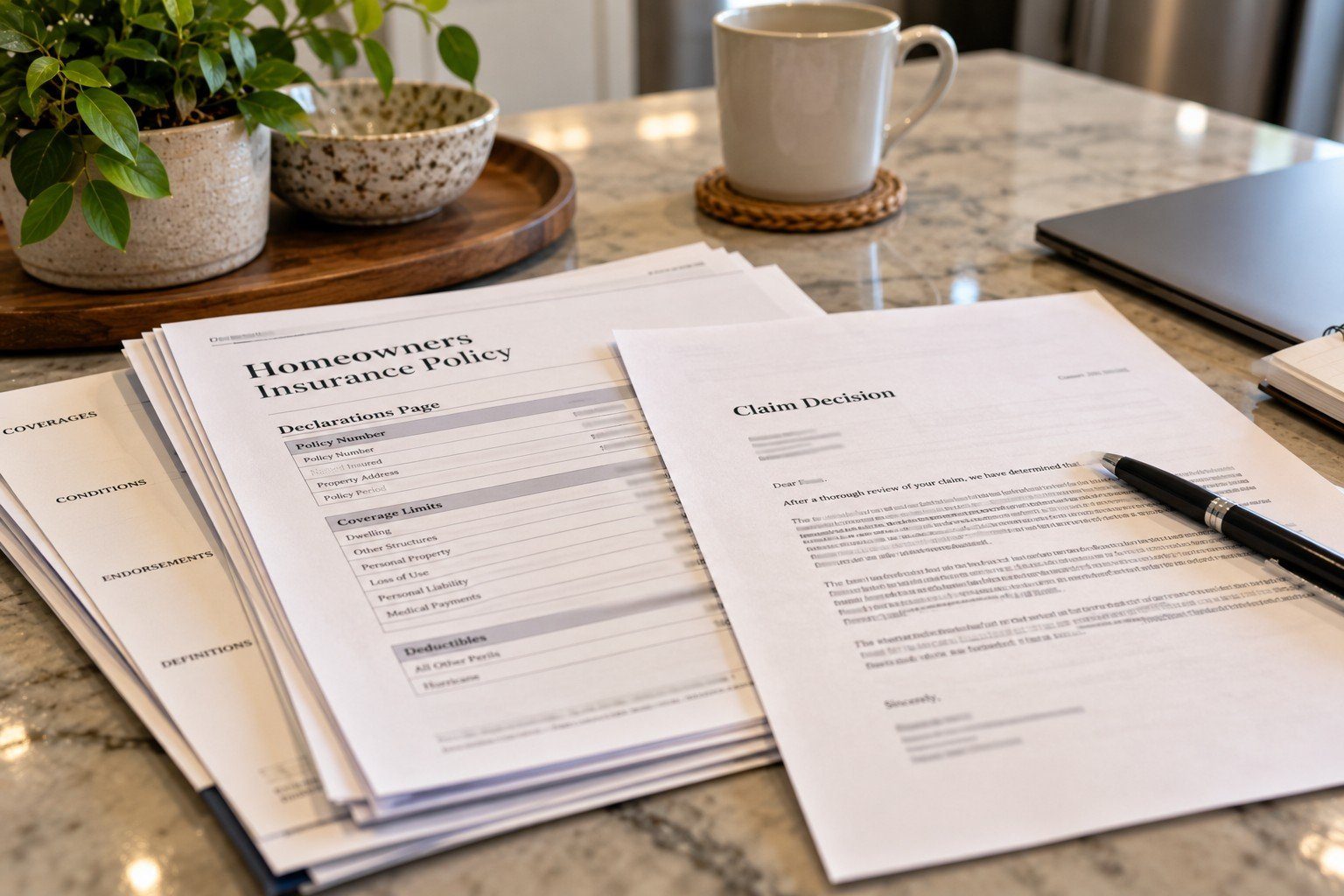 Homeowners insurance policy and a claim decision letter on a kitchen table