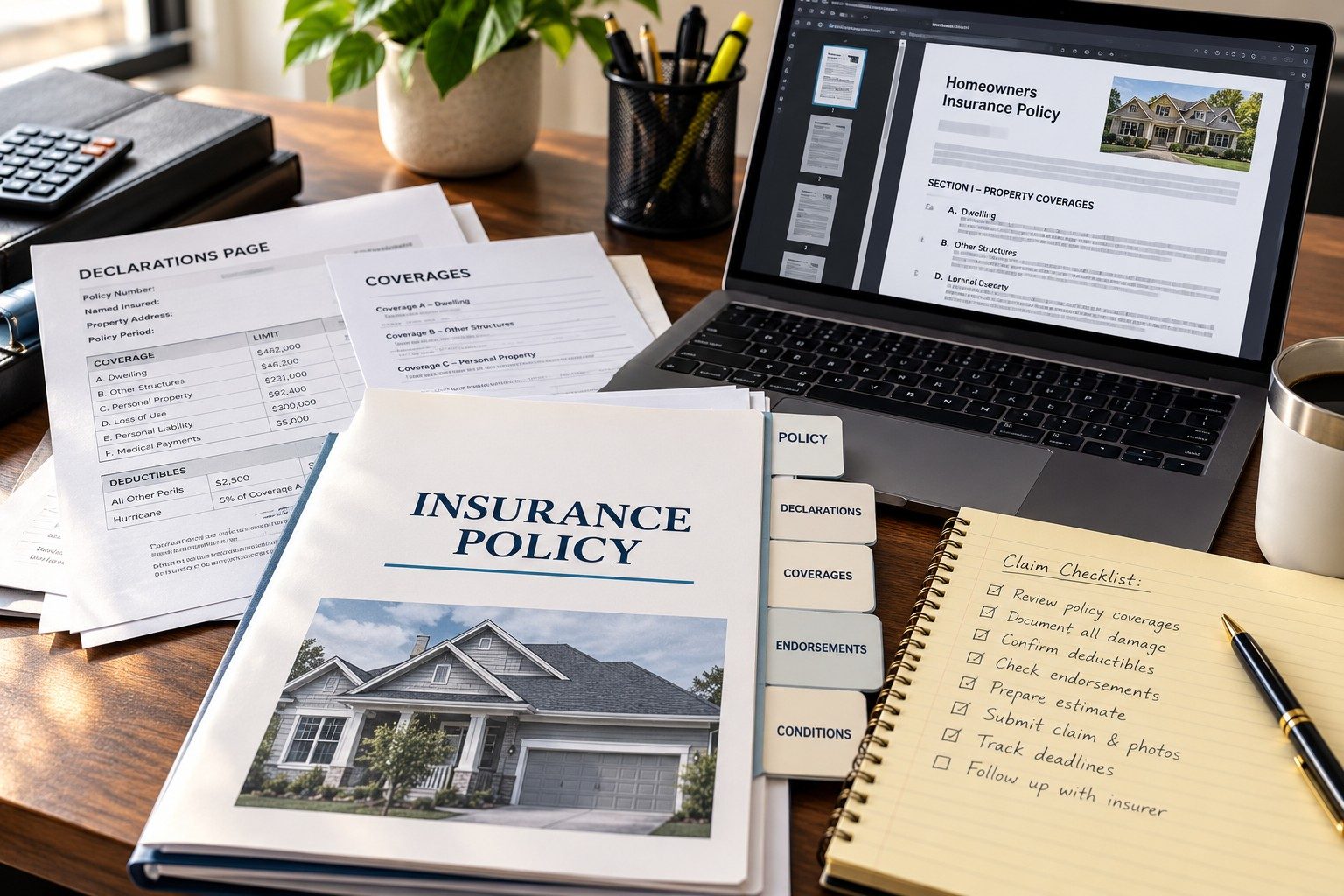 Insurance policy, declarations page and laptop on a desk during a policy review