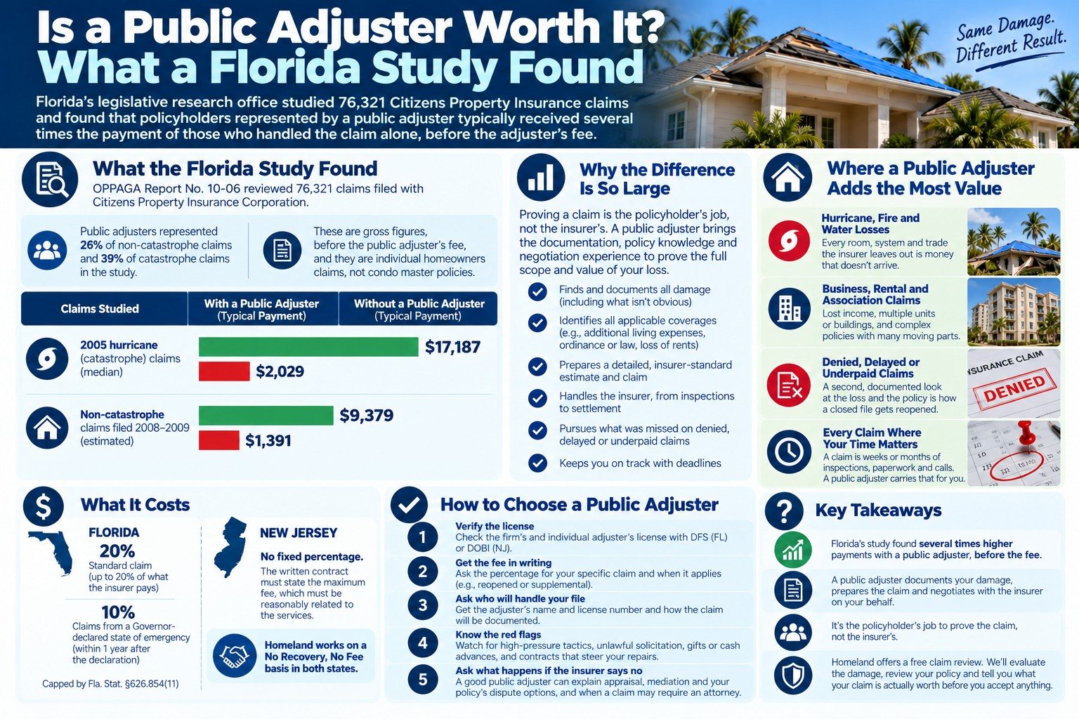 Infographic: what a Florida study found about claim payments with and without a public adjuster