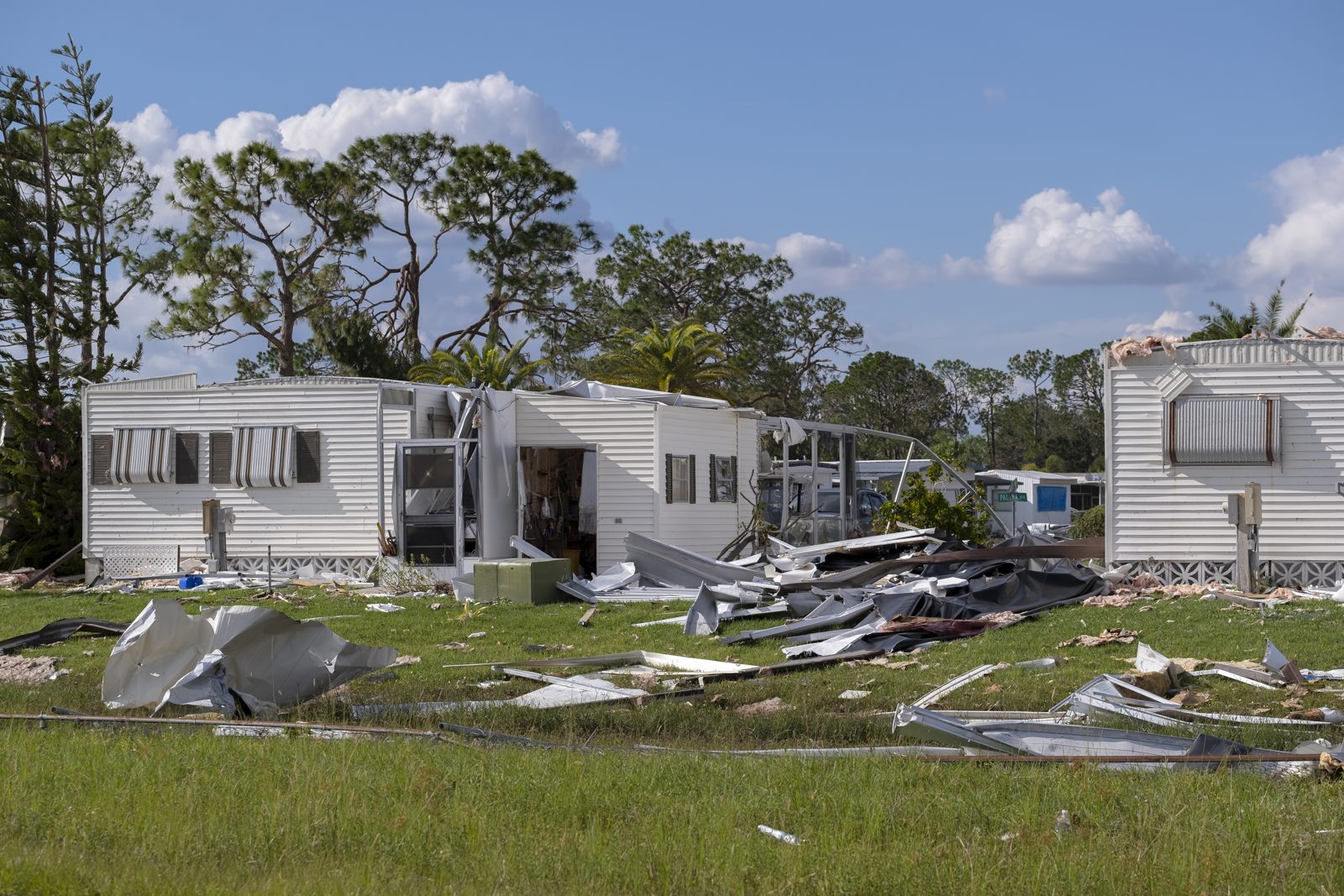 Manufactured homes destroyed by hurricane winds in a Florida mobile home community
