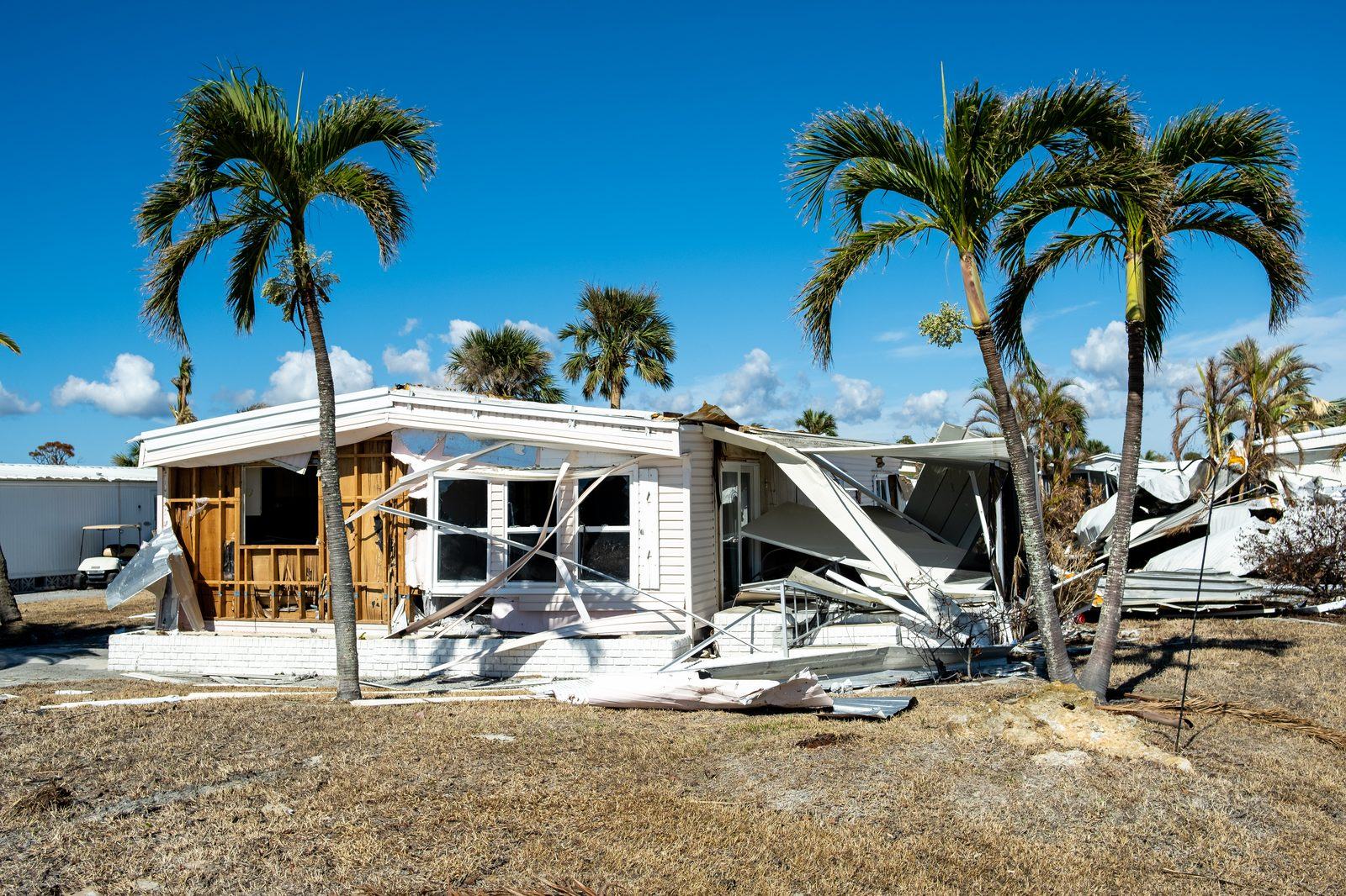 Manufactured homes with hurricane damage among palm trees in Florida