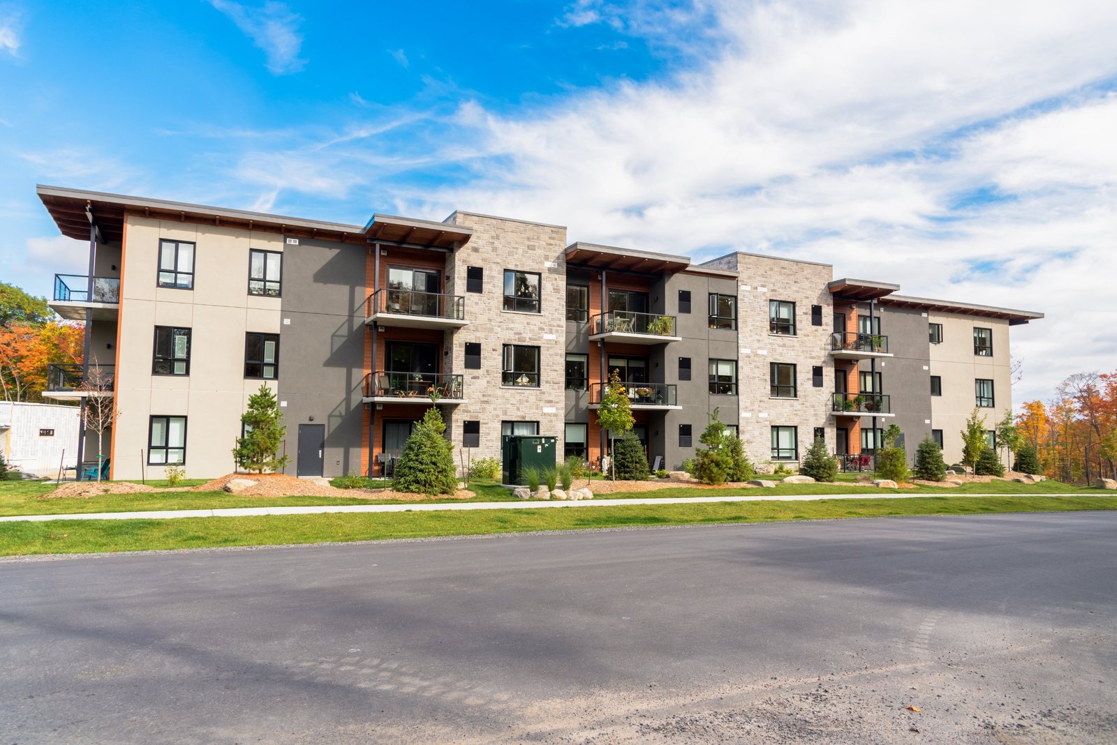 Exterior of a three-story multi-tenant residential building
