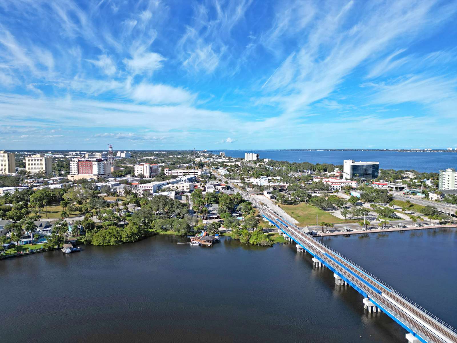 Aerial view of a waterfront city along the Indian River in Brevard County, Florida — Homeland Public Adjusters serves Brevard County property owners