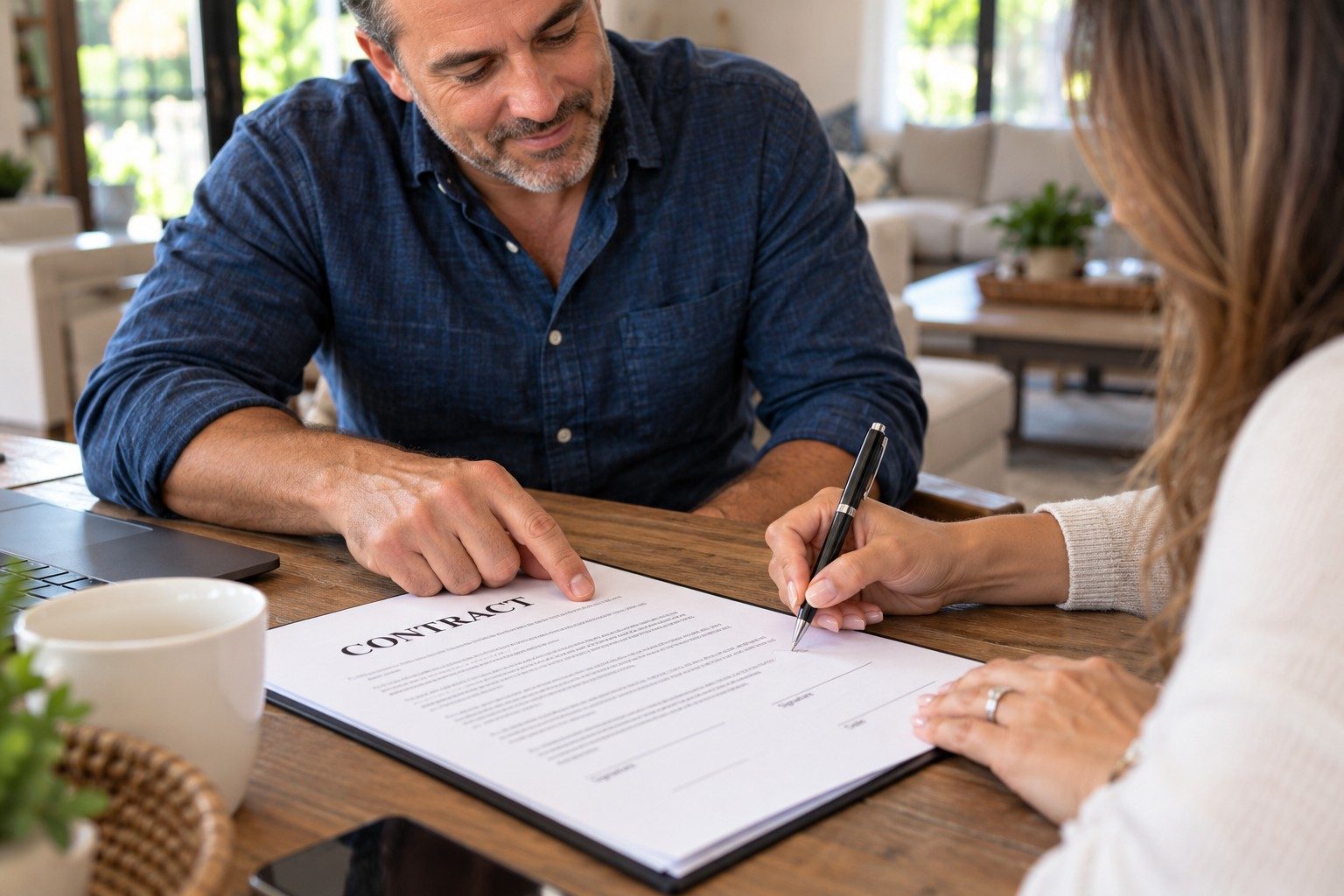 Public adjuster pointing to the signature line as a client signs a public adjusting contract at a kitchen table