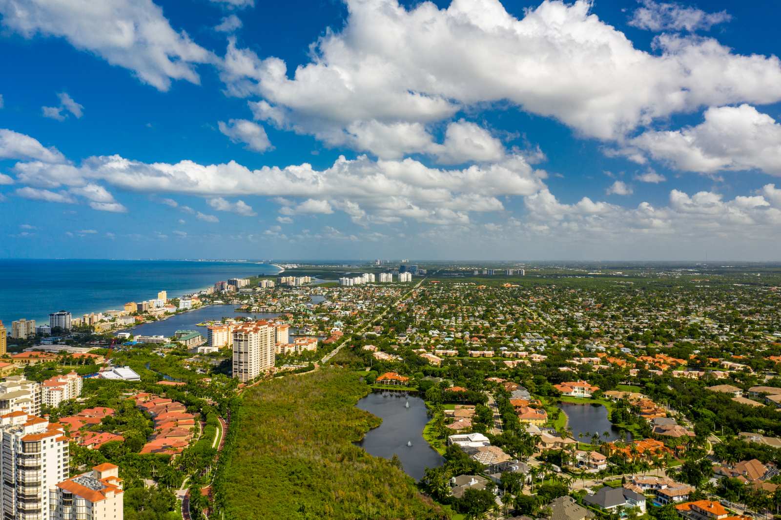 Aerial view of a coastal residential community in Collier County, Florida — Homeland Public Adjusters serves Collier County property owners