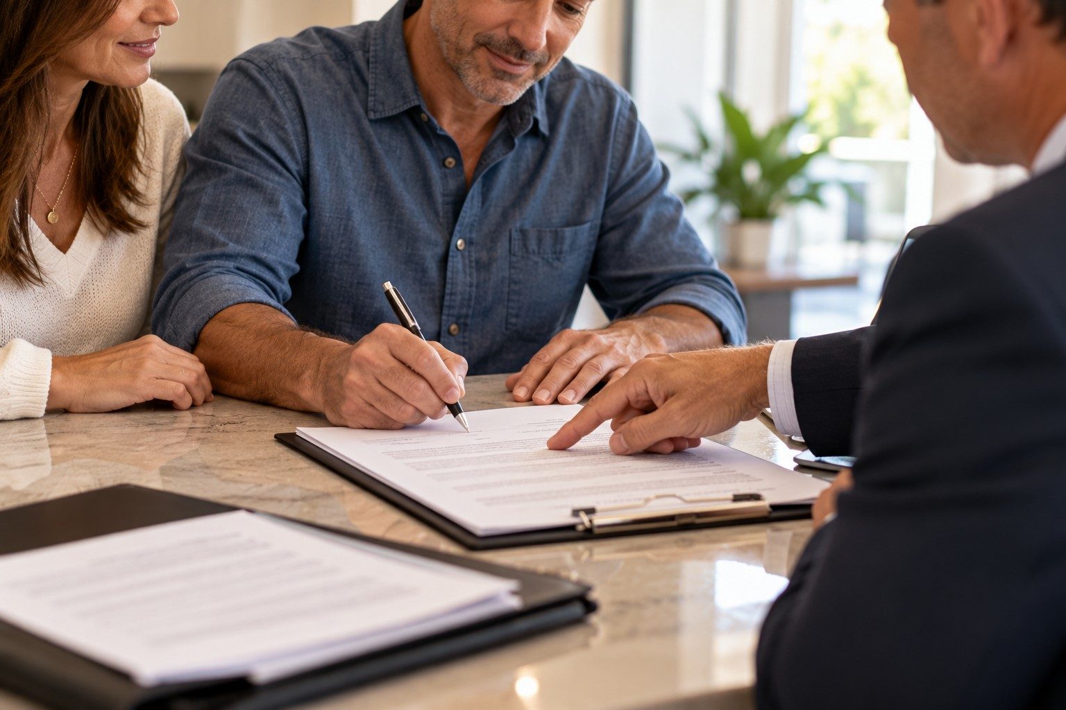Homeowners signing a public adjuster fee agreement at a kitchen table