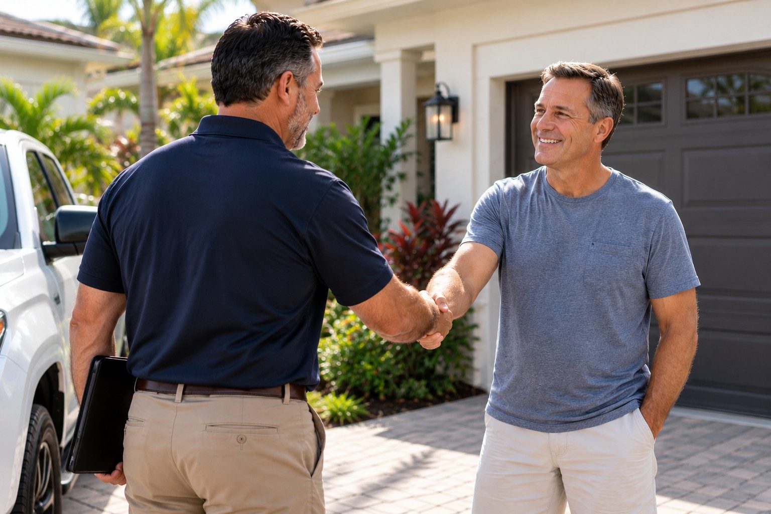 Public adjuster greeting a homeowner in the driveway next to the adjuster's truck