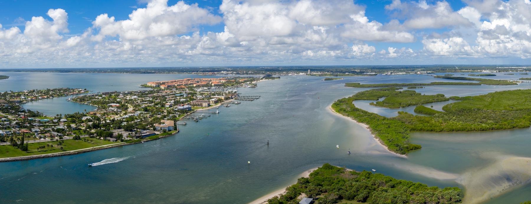 Aerial view of the Indian River Lagoon and barrier island in Indian River County, Florida — Homeland Public Adjusters serves Indian River County property owners