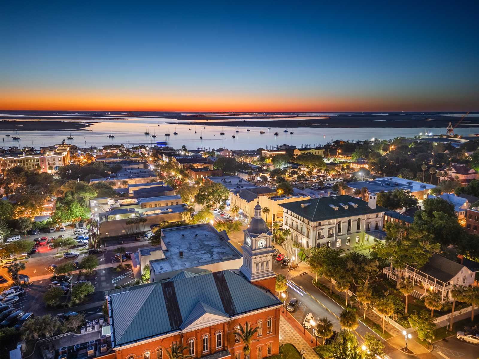 Aerial sunset view of historic Fernandina Beach in Nassau County, Florida — Homeland Public Adjusters serves Nassau County property owners