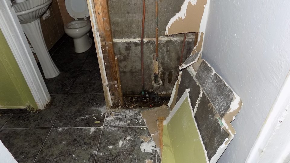 Bathroom wall opened to exposed, mold-covered studs and plumbing after a water leak in North Miami Beach