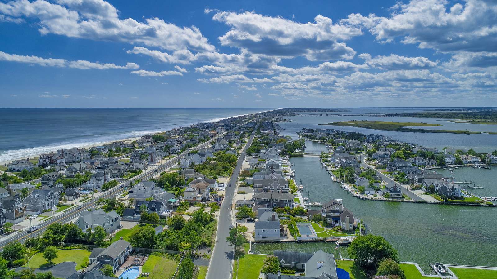 Aerial view of a Jersey Shore beach community with canals in Ocean County, NJ — Homeland Public Adjusters serves Ocean County property owners